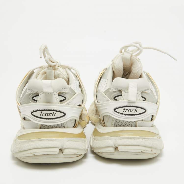 Pre Owned Balenciaga Cream Faux Leather and Mesh Track Lace Up Sneakers Size 38