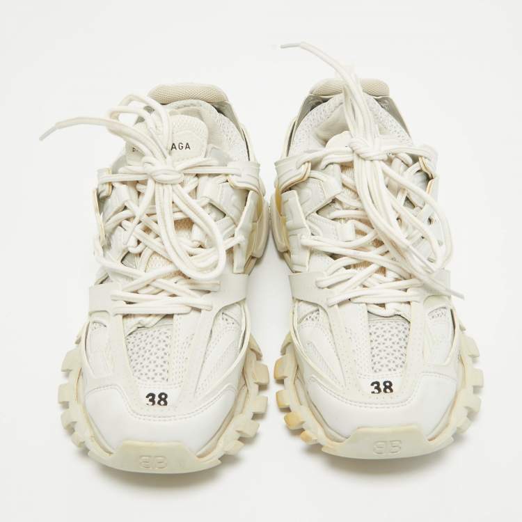 Pre Owned Balenciaga Cream Faux Leather and Mesh Track Lace Up Sneakers Size 38