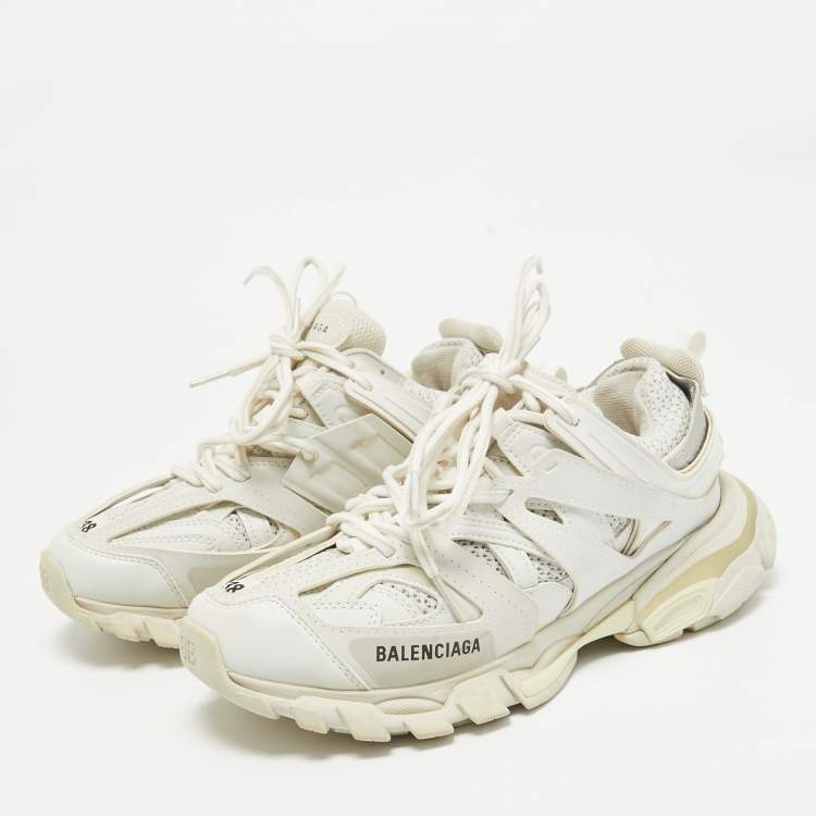Pre Owned Balenciaga Cream Faux Leather and Mesh Track Lace Up Sneakers Size 38