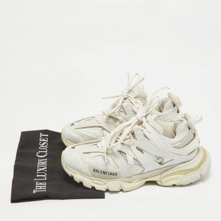 Pre Owned Balenciaga Cream Faux Leather and Mesh Track Lace Up Sneakers Size 38
