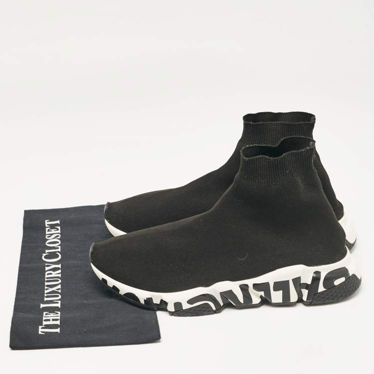 Pre Owned Balenciaga Black Knit Fabric Graffiti Speed Trainer Sneakers Size 42