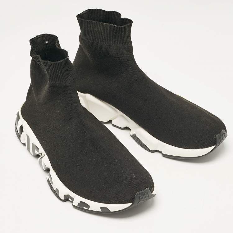 Pre Owned Balenciaga Black Knit Fabric Graffiti Speed Trainer Sneakers Size 42