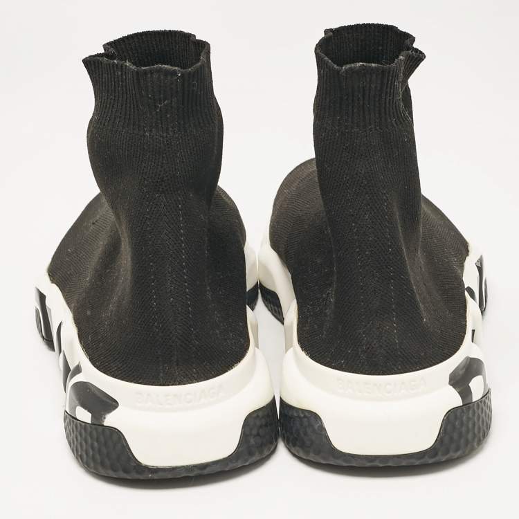 Pre Owned Balenciaga Black Knit Fabric Graffiti Speed Trainer Sneakers Size 42