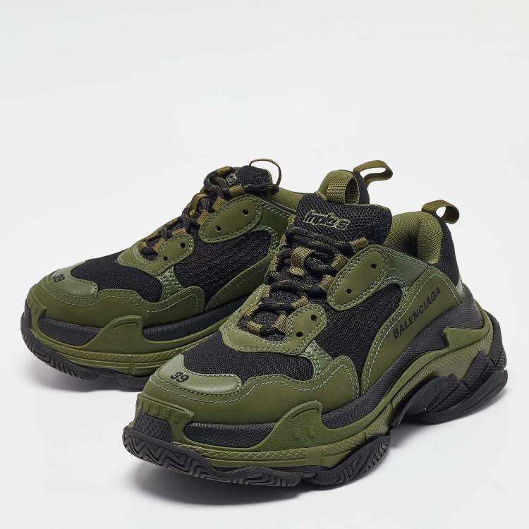 Balenciaga Green/Black Leather and Mesh Triple S Sneakers