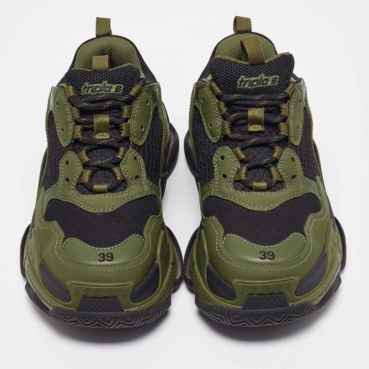 Pre Owned Balenciaga Green/Black Leather and Mesh Triple S Sneakers Size 39