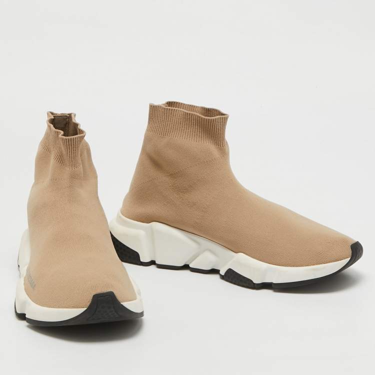 Pre Owned Balenciaga Beige Knit Fabric Speed Trainer High Top Sneakers Size 40