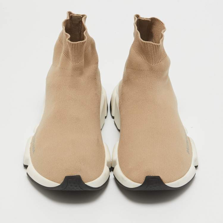 Pre Owned Balenciaga Beige Knit Fabric Speed Trainer High Top Sneakers Size 40
