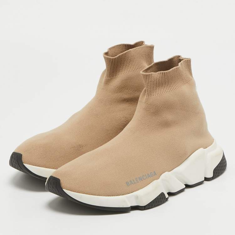 Pre Owned Balenciaga Beige Knit Fabric Speed Trainer High Top Sneakers Size 40