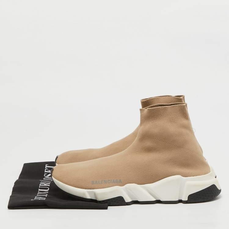 Pre Owned Balenciaga Beige Knit Fabric Speed Trainer High Top Sneakers Size 40