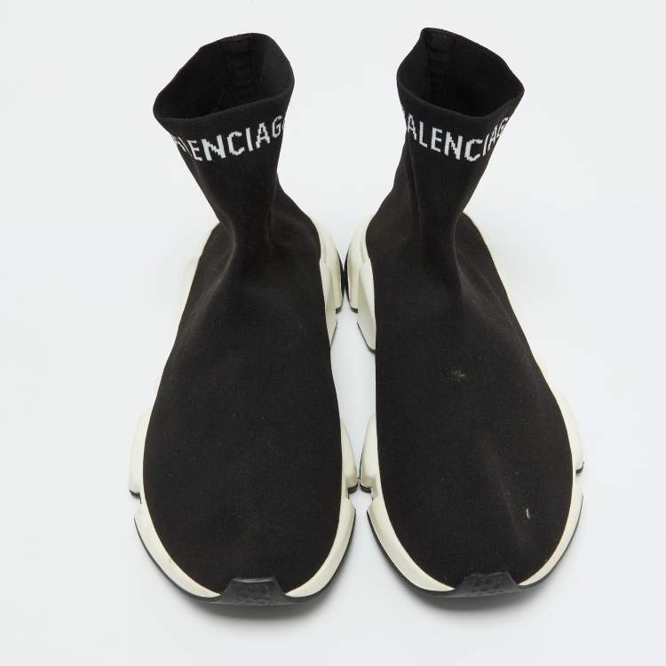 Pre Owned Balenciaga Black Knit Fabric Speed Trainer Slip on High Top Sneakers Size 47