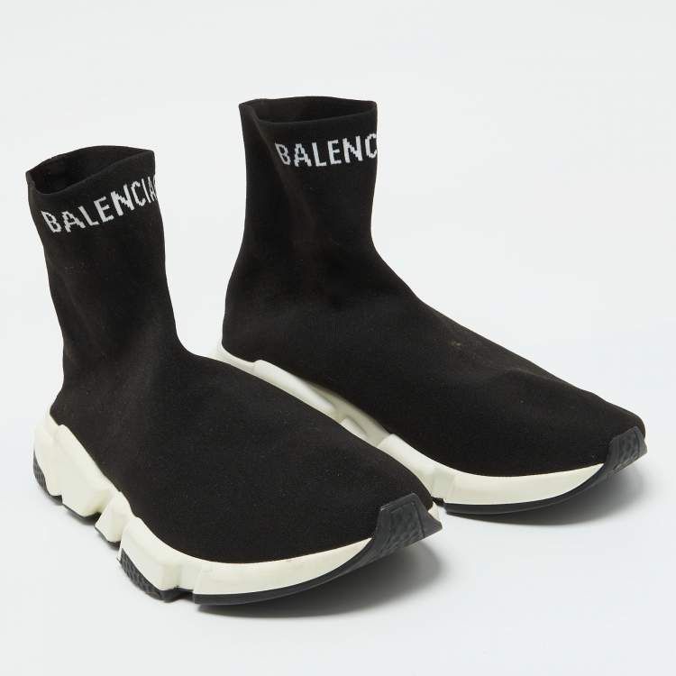 Pre Owned Balenciaga Black Knit Fabric Speed Trainer Slip on High Top Sneakers Size 47