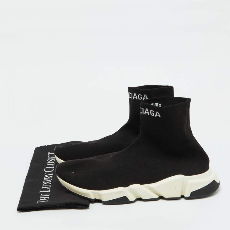 Pre Owned Balenciaga Black Knit Fabric Speed Trainer Slip on High Top Sneakers Size 47