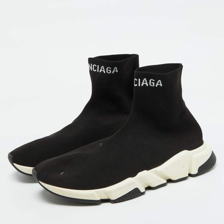 Pre Owned Balenciaga Black Knit Fabric Speed Trainer Slip on High Top Sneakers Size 47