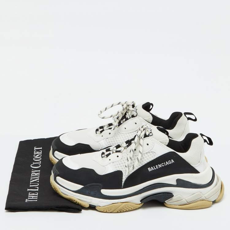 Pre Owned Balenciaga White/Black Mesh and Faux Leather Triple S Sneakers Size 44