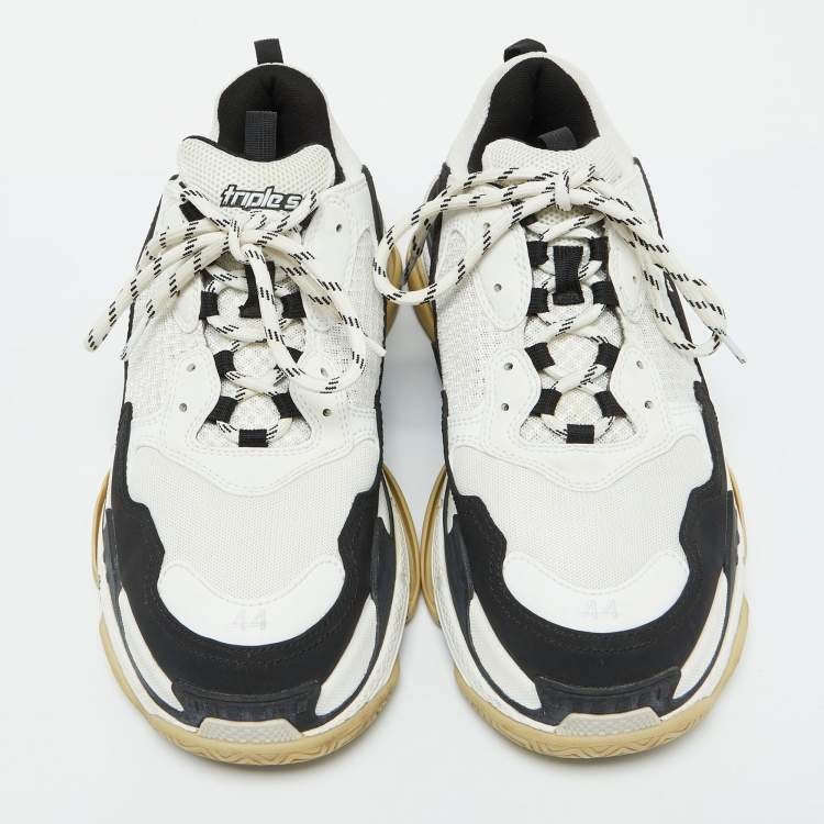 Pre Owned Balenciaga White/Black Mesh and Faux Leather Triple S Sneakers Size 44