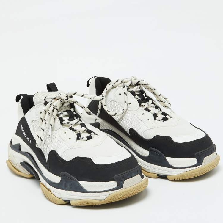 Pre Owned Balenciaga White/Black Mesh and Faux Leather Triple S Sneakers Size 44