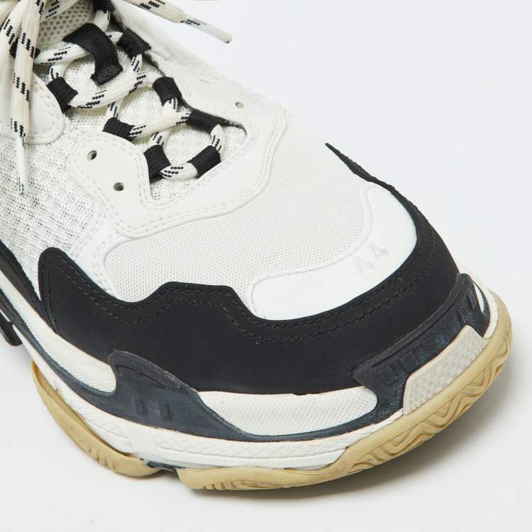 Pre Owned Balenciaga White/Black Mesh and Faux Leather Triple S Sneakers Size 44