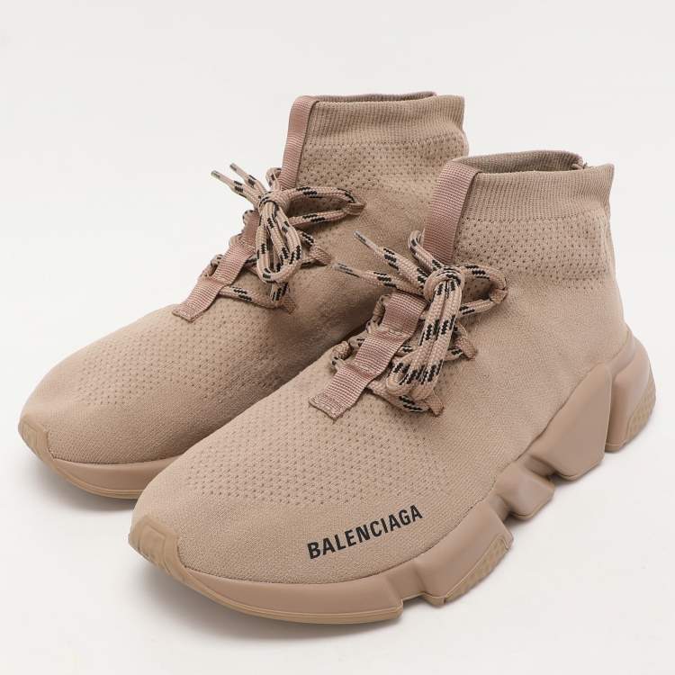 Pre Owned Balenciaga Beige Knit Fabric Speed Trainer Sneakers Size 40
