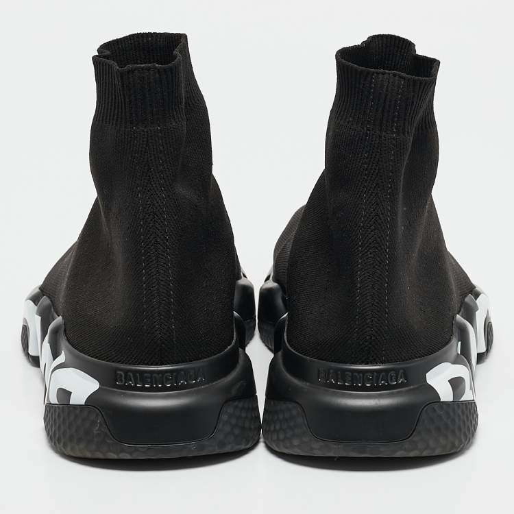 Pre Owned Balenciaga Black Knit Fabric Graffiti Speed Trainer Sneakers Size 42