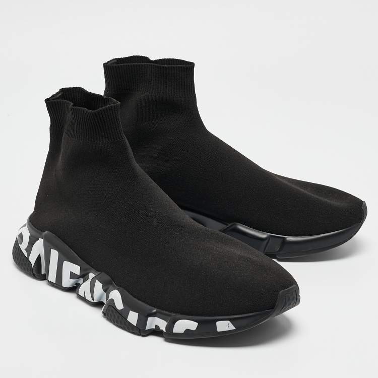 Pre Owned Balenciaga Black Knit Fabric Graffiti Speed Trainer Sneakers Size 42