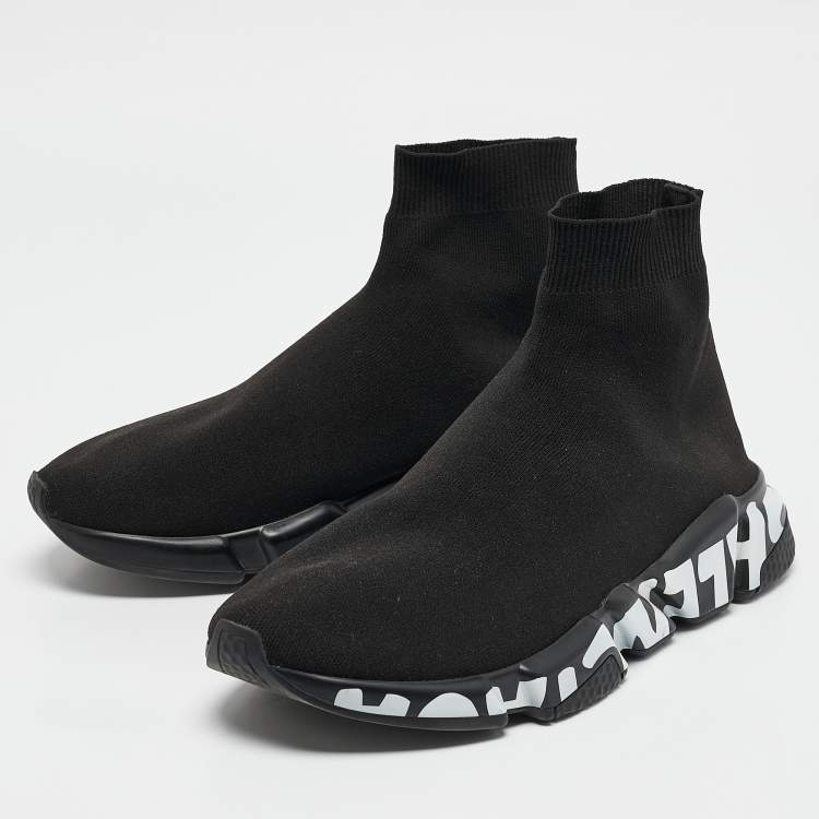 Pre Owned Balenciaga Black Knit Fabric Graffiti Speed Trainer Sneakers Size 42