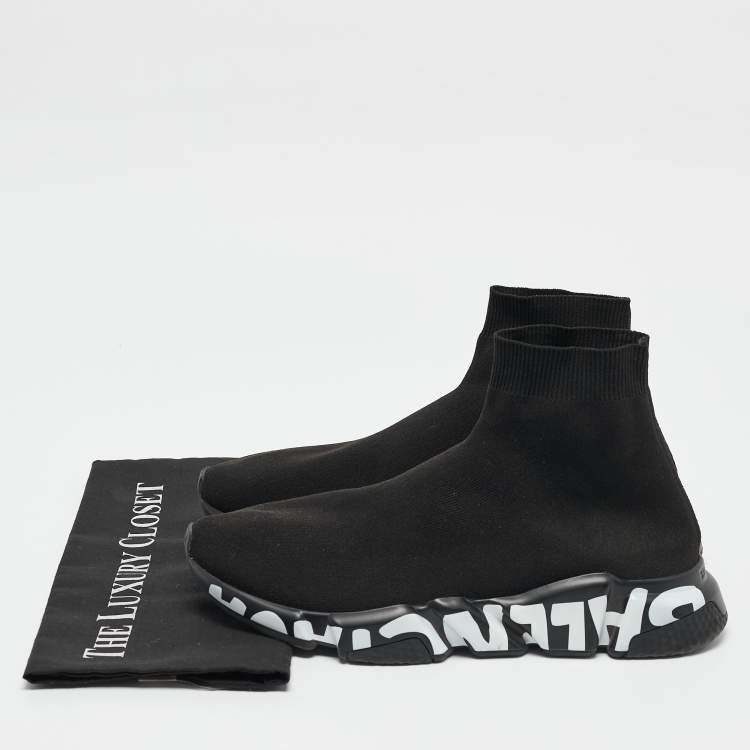 Pre Owned Balenciaga Black Knit Fabric Graffiti Speed Trainer Sneakers Size 42
