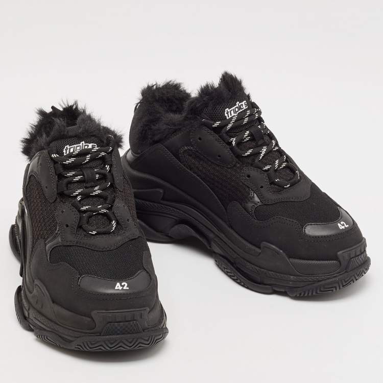 Pre Owned Balenciaga Black Fur and Mesh Triple S Lace Up Sneakers Size 42