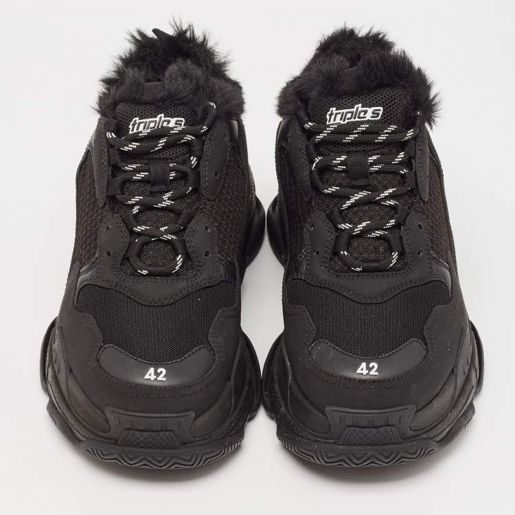 Pre Owned Balenciaga Black Fur and Mesh Triple S Lace Up Sneakers Size 42