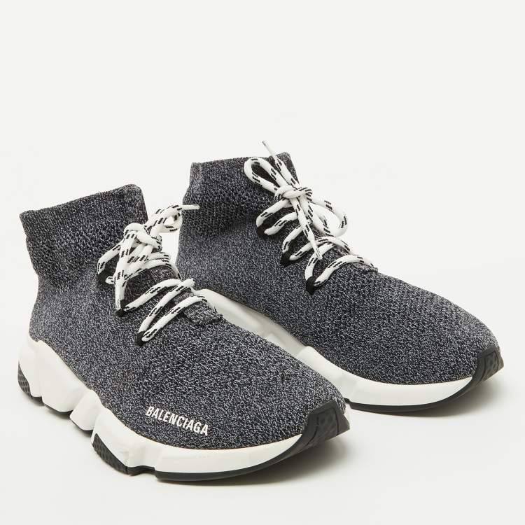 Pre Owned Balenciaga Grey/Black Knit Fabric Speed Trainer High Top Sneakers Size 44
