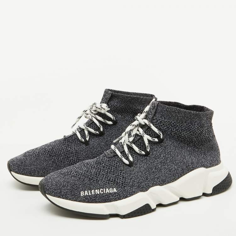 Pre Owned Balenciaga Grey/Black Knit Fabric Speed Trainer High Top Sneakers Size 44