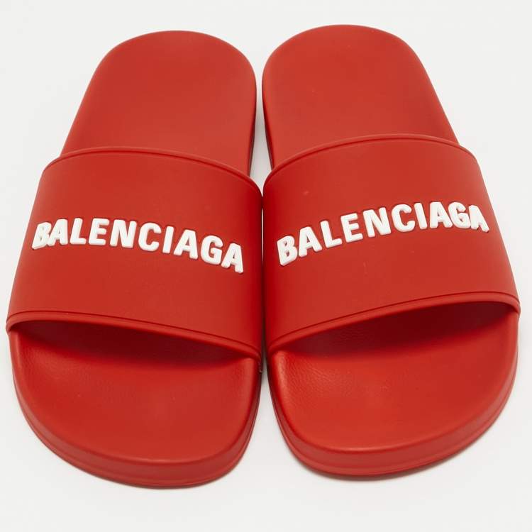 Pre Owned Balenciaga Red Rubber Logo Pool Slides Size 42