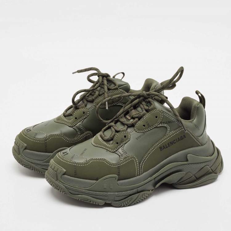 Pre Owned Balenciaga Green Faux Leather Triple S Lace Up Sneakers Size 41