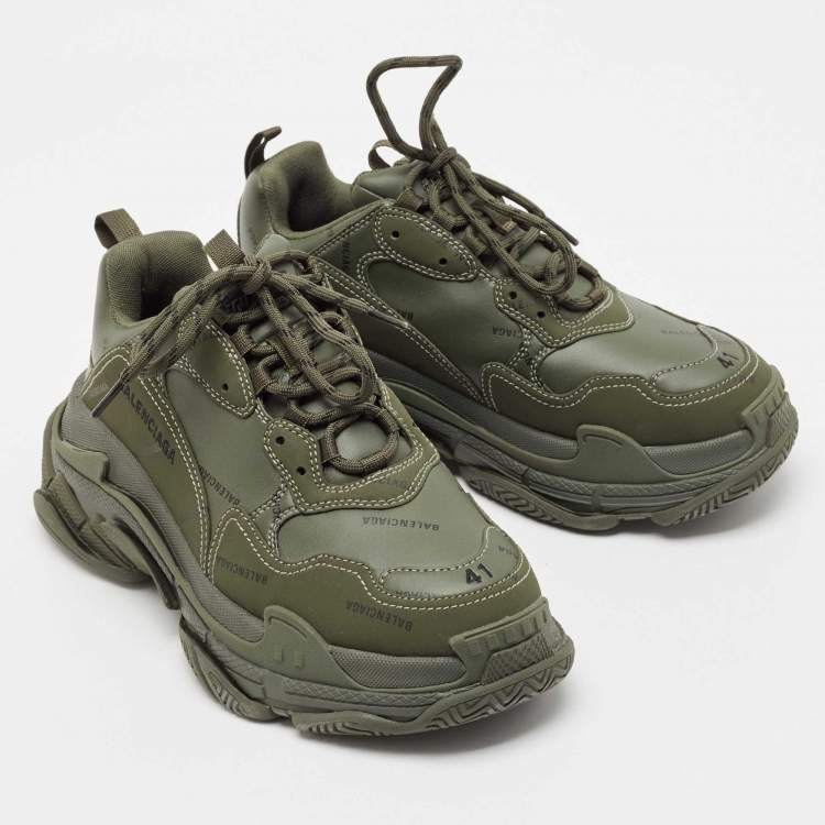 Pre Owned Balenciaga Green Faux Leather Triple S Lace Up Sneakers Size 41