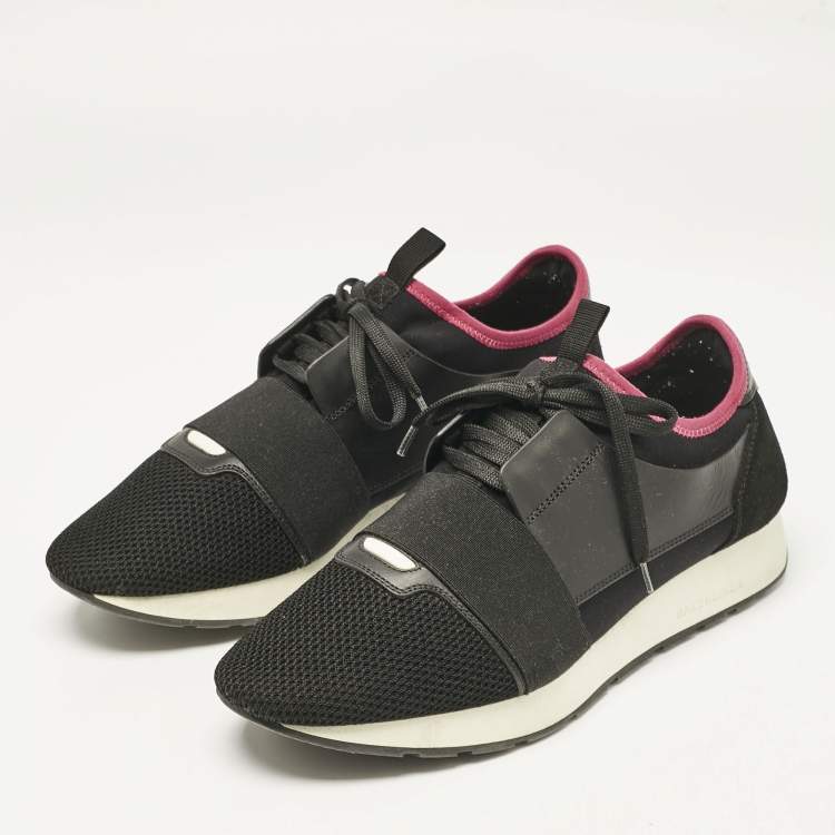 Pre Owned Balenciaga Black/Red Leather and Mesh Race Runner Sneakers Size 42