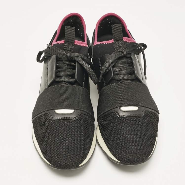 Pre Owned Balenciaga Black/Red Leather and Mesh Race Runner Sneakers Size 42