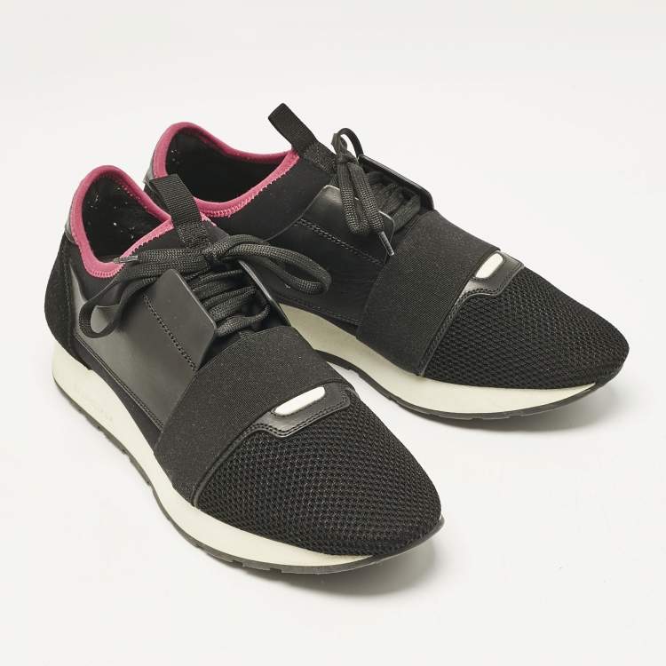 Pre Owned Balenciaga Black/Red Leather and Mesh Race Runner Sneakers Size 42