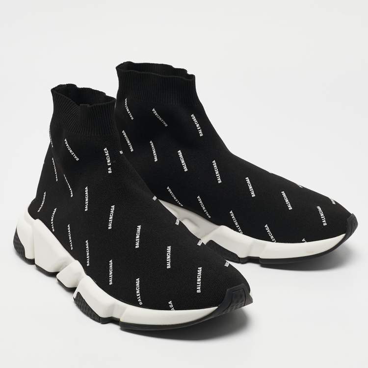 مملوكة مسبقًا Balenciaga Black/White Knit Fabric Allover Logo Speed Trainer Sneakers Size 44
