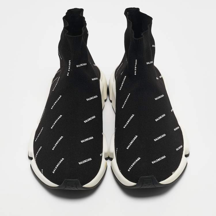 مملوكة مسبقًا Balenciaga Black/White Knit Fabric Allover Logo Speed Trainer Sneakers Size 44