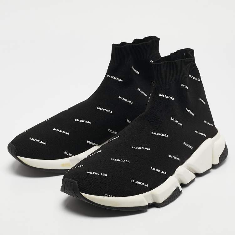 مملوكة مسبقًا Balenciaga Black/White Knit Fabric Allover Logo Speed Trainer Sneakers Size 44