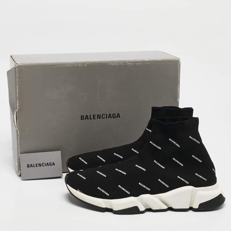 مملوكة مسبقًا Balenciaga Black/White Knit Fabric Allover Logo Speed Trainer Sneakers Size 44