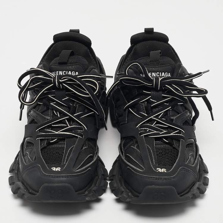 Pre Owned Balenciaga Black Faux Leather and Mesh Track Sneakers Size 36