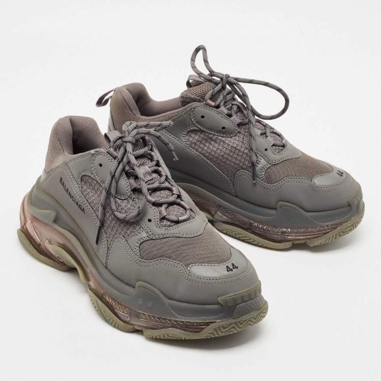Pre Owned Balenciaga Grey Faux Leather and Mesh Triple S Clear Sole Sneakers Size 44