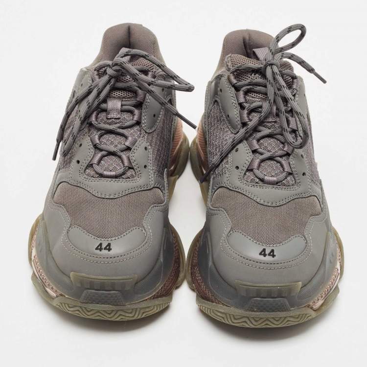 Pre Owned Balenciaga Grey Faux Leather and Mesh Triple S Clear Sole Sneakers Size 44