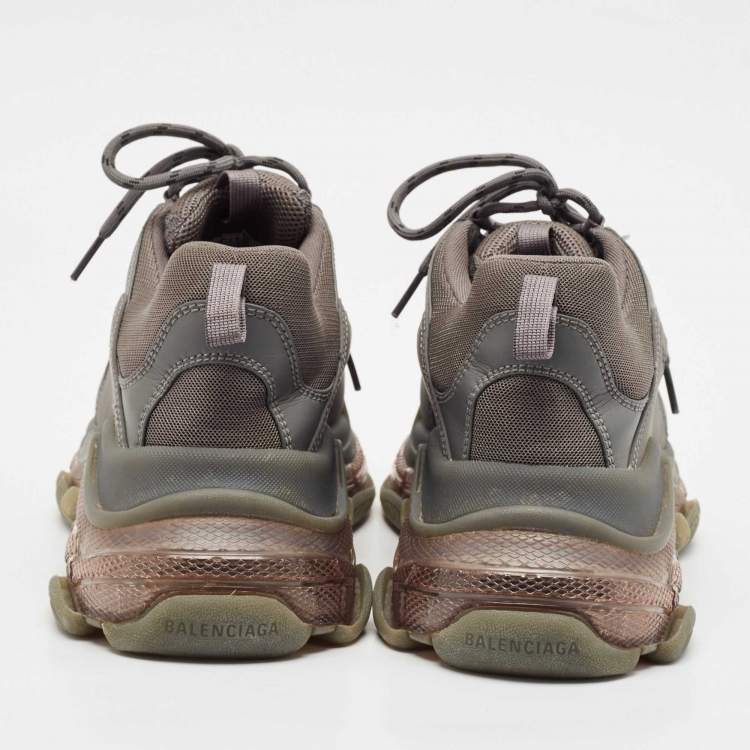 Pre Owned Balenciaga Grey Faux Leather and Mesh Triple S Clear Sole Sneakers Size 44