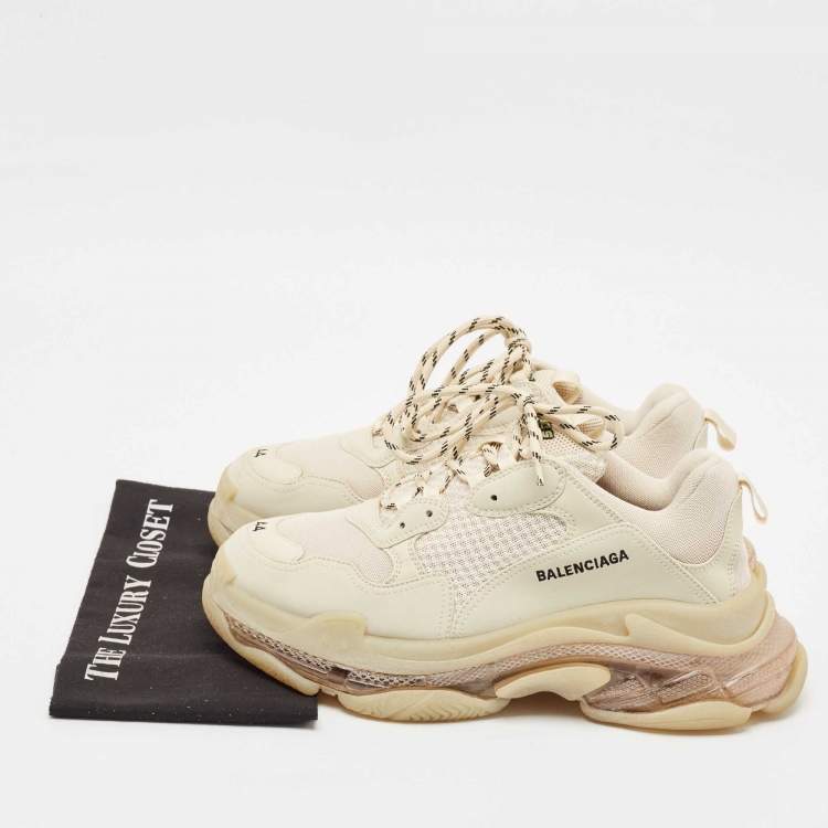 Pre Owned Balenciaga Cream Faux Leather and Mesh Triple S Clear Sole Sneakers Size 44