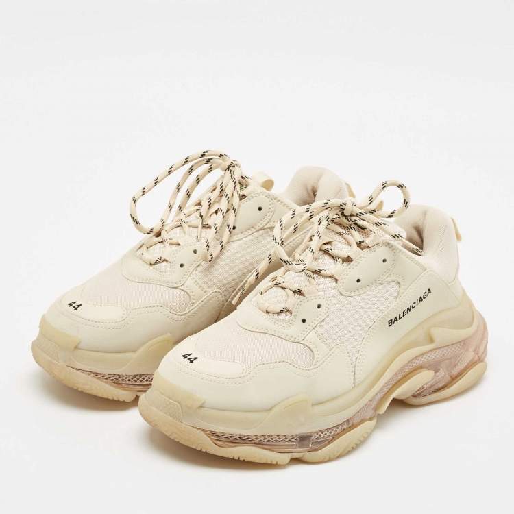 Pre Owned Balenciaga Cream Faux Leather and Mesh Triple S Clear Sole Sneakers Size 44
