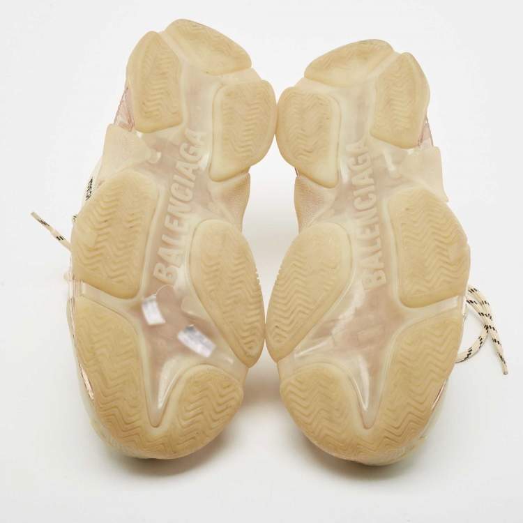 Pre Owned Balenciaga Cream Faux Leather and Mesh Triple S Clear Sole Sneakers Size 44