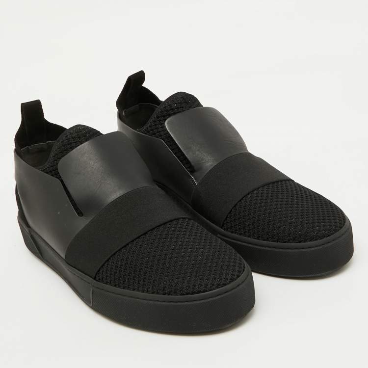 Pre Owned Balenciaga Black Leather and Stretch Knit Slip On Sneakers Size 44