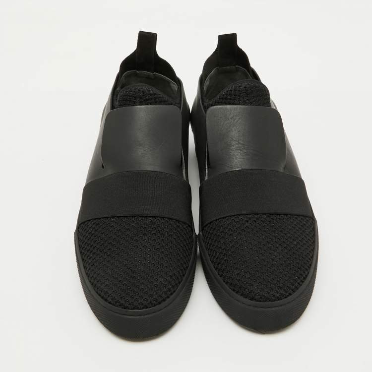 Pre Owned Balenciaga Black Leather and Stretch Knit Slip On Sneakers Size 44