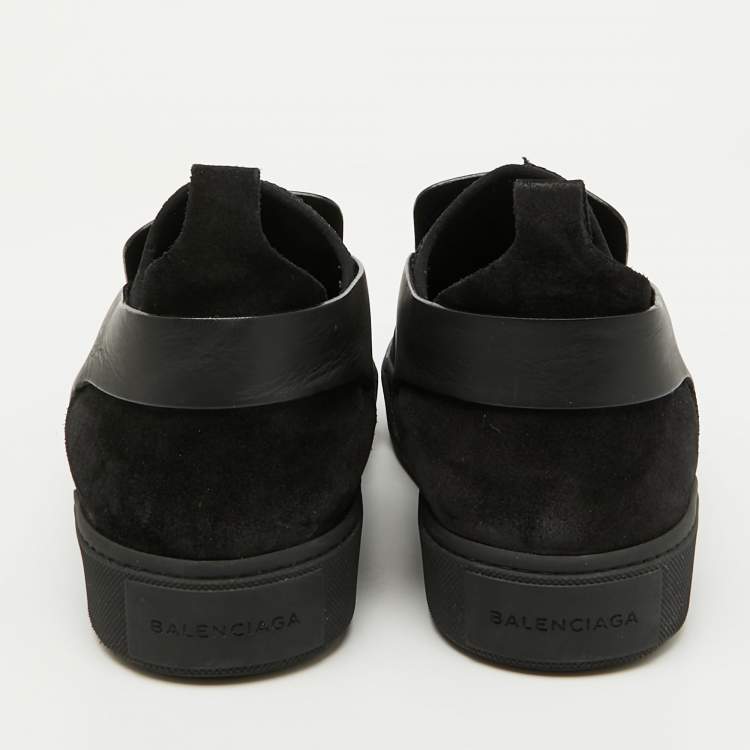 Pre Owned Balenciaga Black Leather and Stretch Knit Slip On Sneakers Size 44